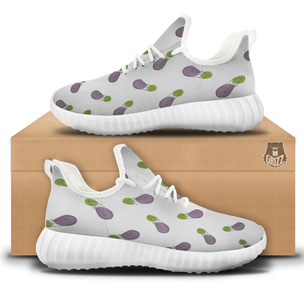 Drawing White Eggplant Print Pattern White Walking Shoes-grizzshop