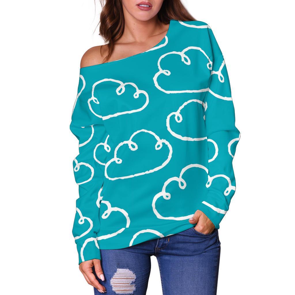 Drawn Cloud Pattern Print Women Off Shoulder Sweatshirt-grizzshop