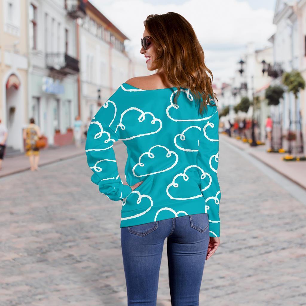 Drawn Cloud Pattern Print Women Off Shoulder Sweatshirt-grizzshop