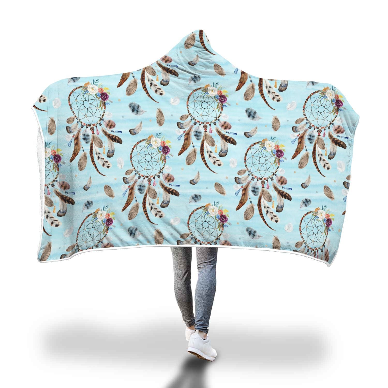 Dream Catcher Blue Feather Pattern Print Hooded Blanket-grizzshop