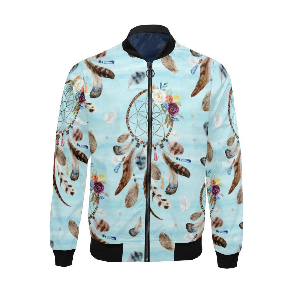 Dream Catcher Blue Feather Pattern Print Men's Bomber Jacket-grizzshop