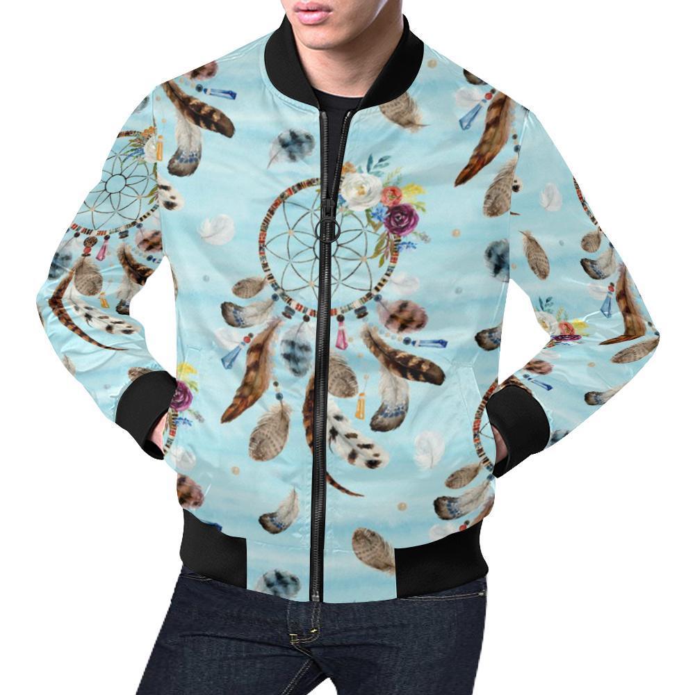 Dream Catcher Blue Feather Pattern Print Men's Bomber Jacket-grizzshop