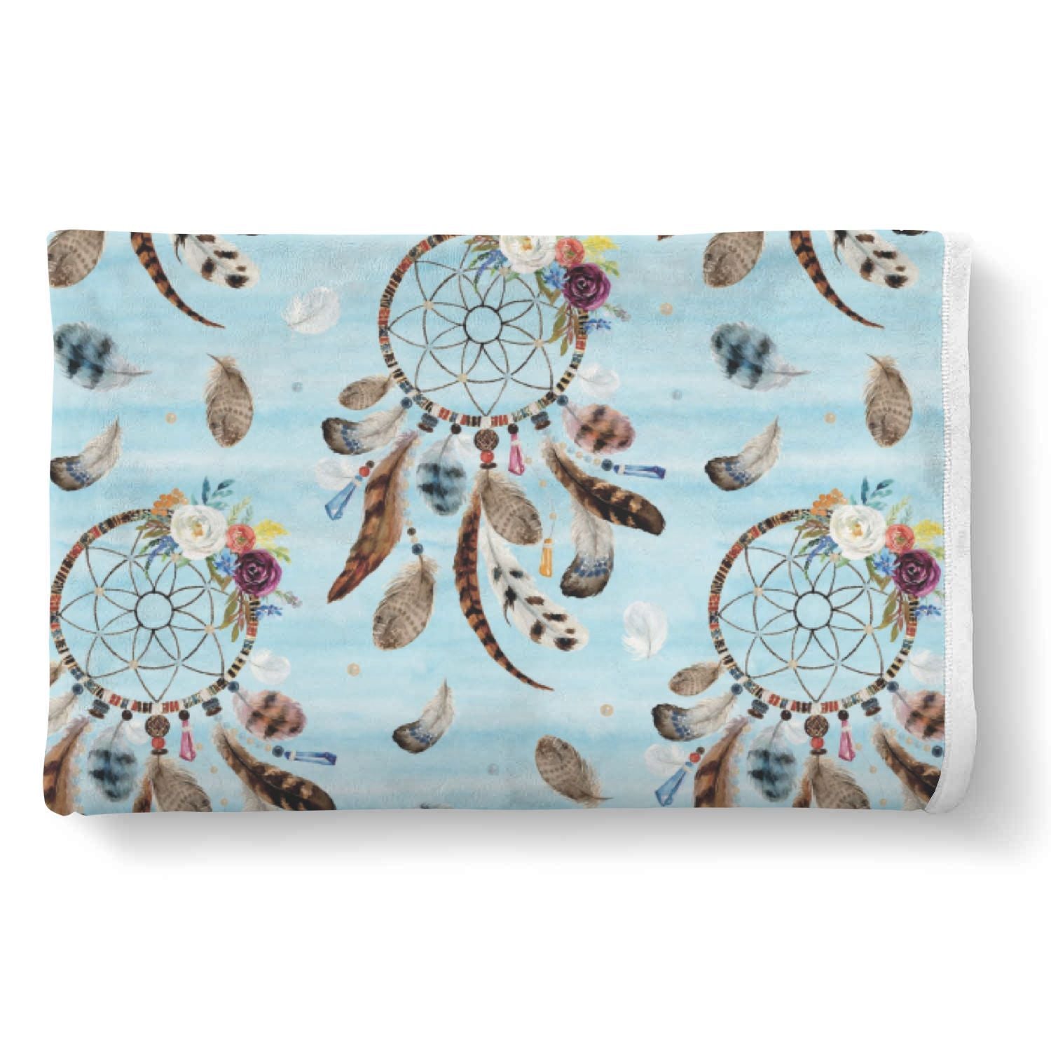Dream Catcher Blue Feather Pattern Print Throw Blanket-grizzshop