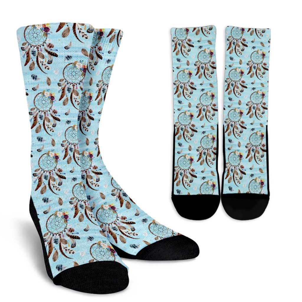 Dream Catcher Blue Feather Pattern Print Unisex Crew Socks-grizzshop