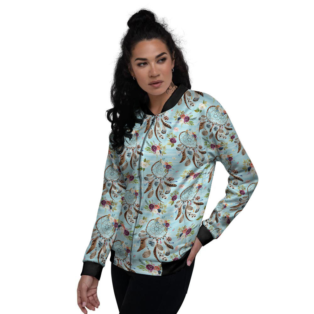 Dream Catcher Blue Native Print Pattern Women's Bomber Jacket-grizzshop