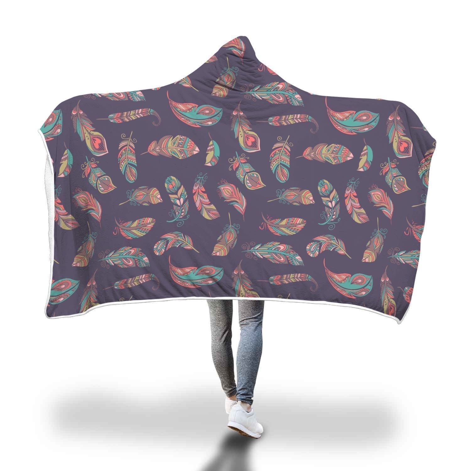 Dream Catcher Boho Feather Pattern Print Hooded Blanket-grizzshop