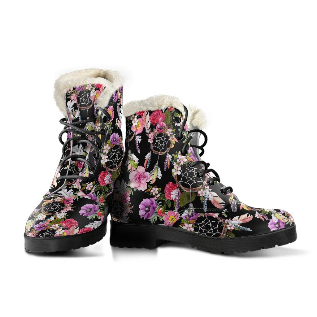 Dream Catcher Flower Boho Feather Pattern Print Comfy Winter Boots-grizzshop