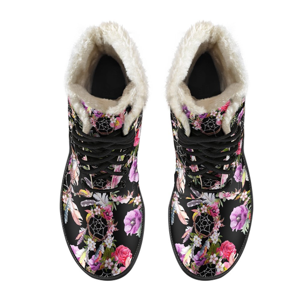 Dream Catcher Flower Boho Feather Pattern Print Comfy Winter Boots-grizzshop