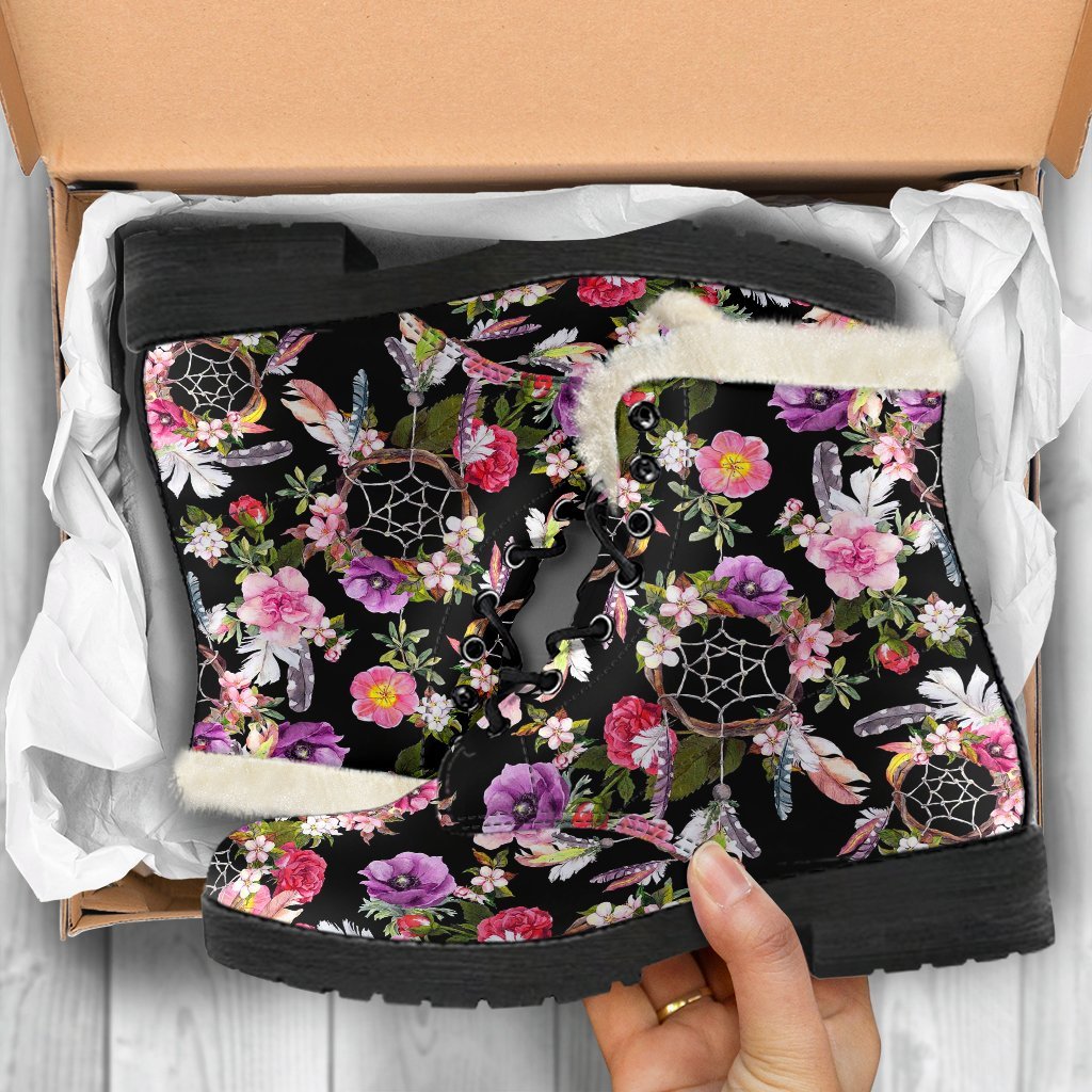 Dream Catcher Flower Boho Feather Pattern Print Comfy Winter Boots-grizzshop