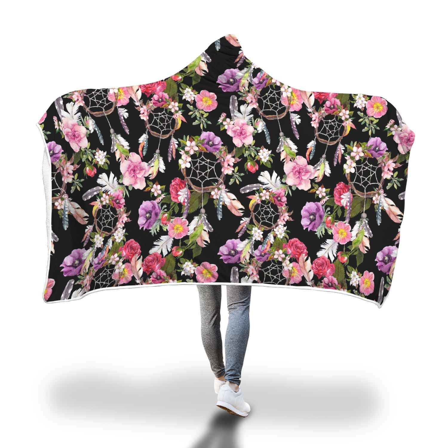 Dream Catcher Flower Boho Feather Pattern Print Hooded Blanket-grizzshop