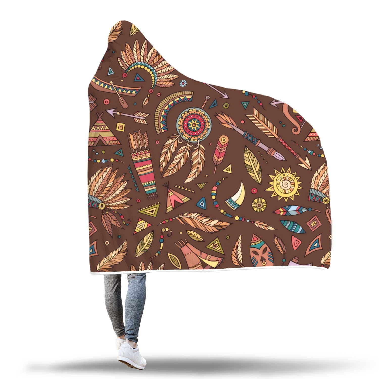 Dream Catcher Native American Boho Feather Pattern Print Hooded Blanket-grizzshop