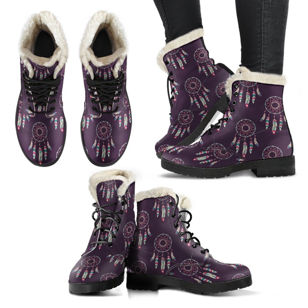 Dream Catcher Purple Feather Pattern Print Comfy Winter Boots-grizzshop