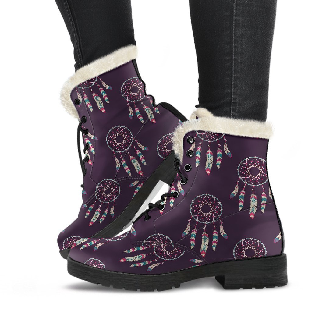 Dream Catcher Purple Feather Pattern Print Comfy Winter Boots-grizzshop