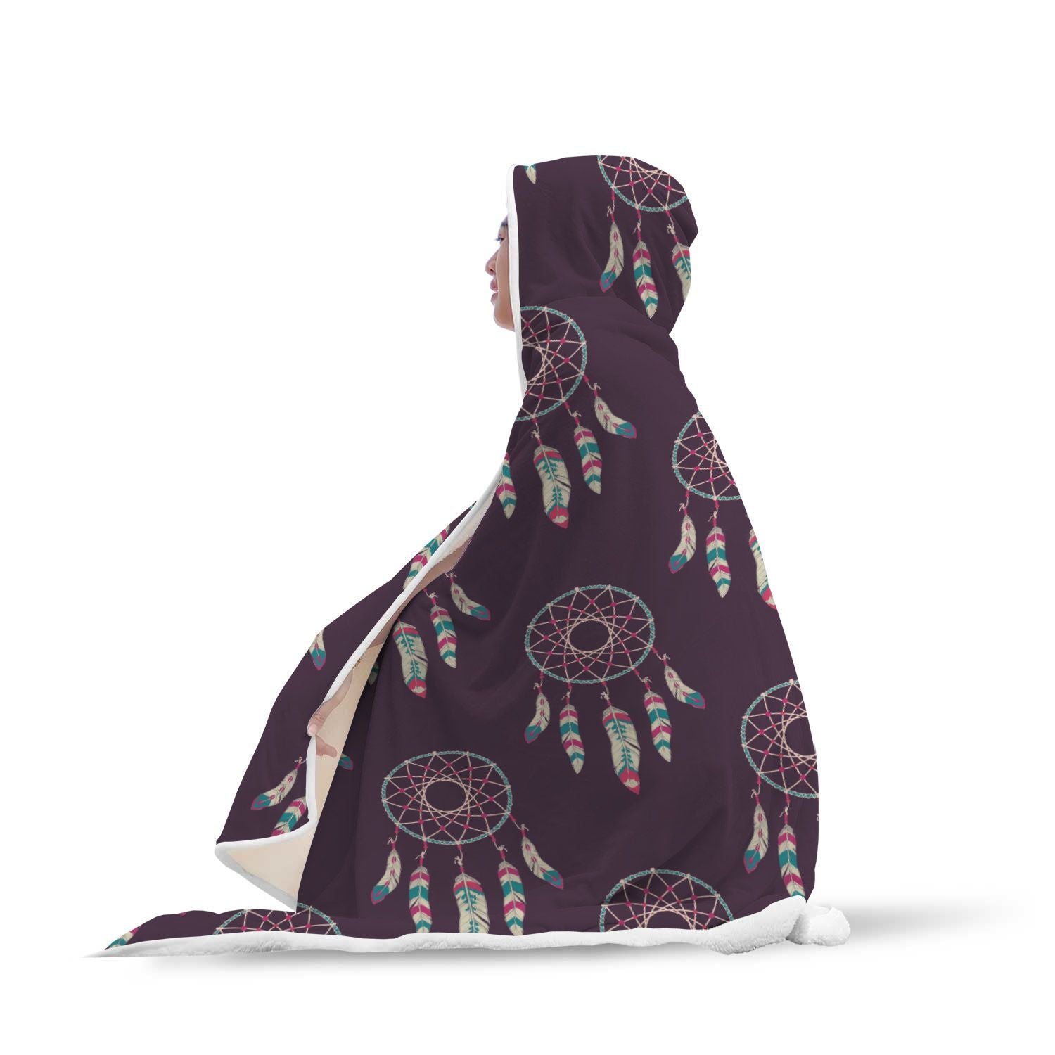 Dream Catcher Purple Feather Pattern Print Hooded Blanket-grizzshop