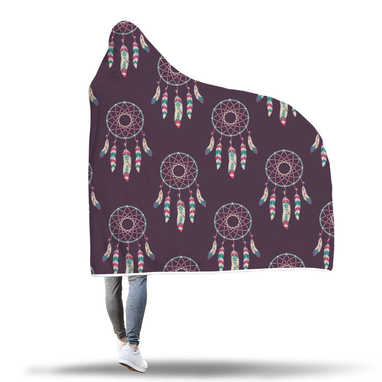 Dream Catcher Purple Feather Pattern Print Hooded Blanket-grizzshop