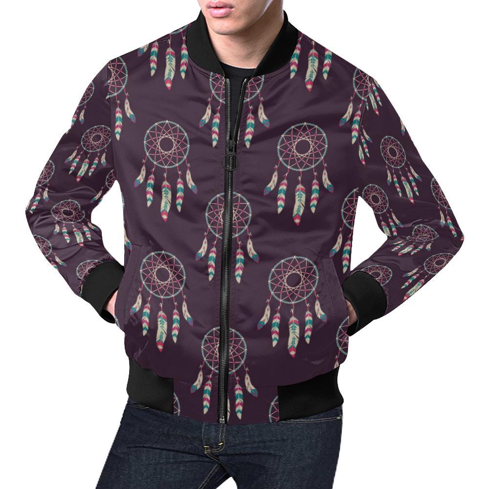 Dream Catcher Purple Feather Pattern Print Men's Bomber Jacket-grizzshop