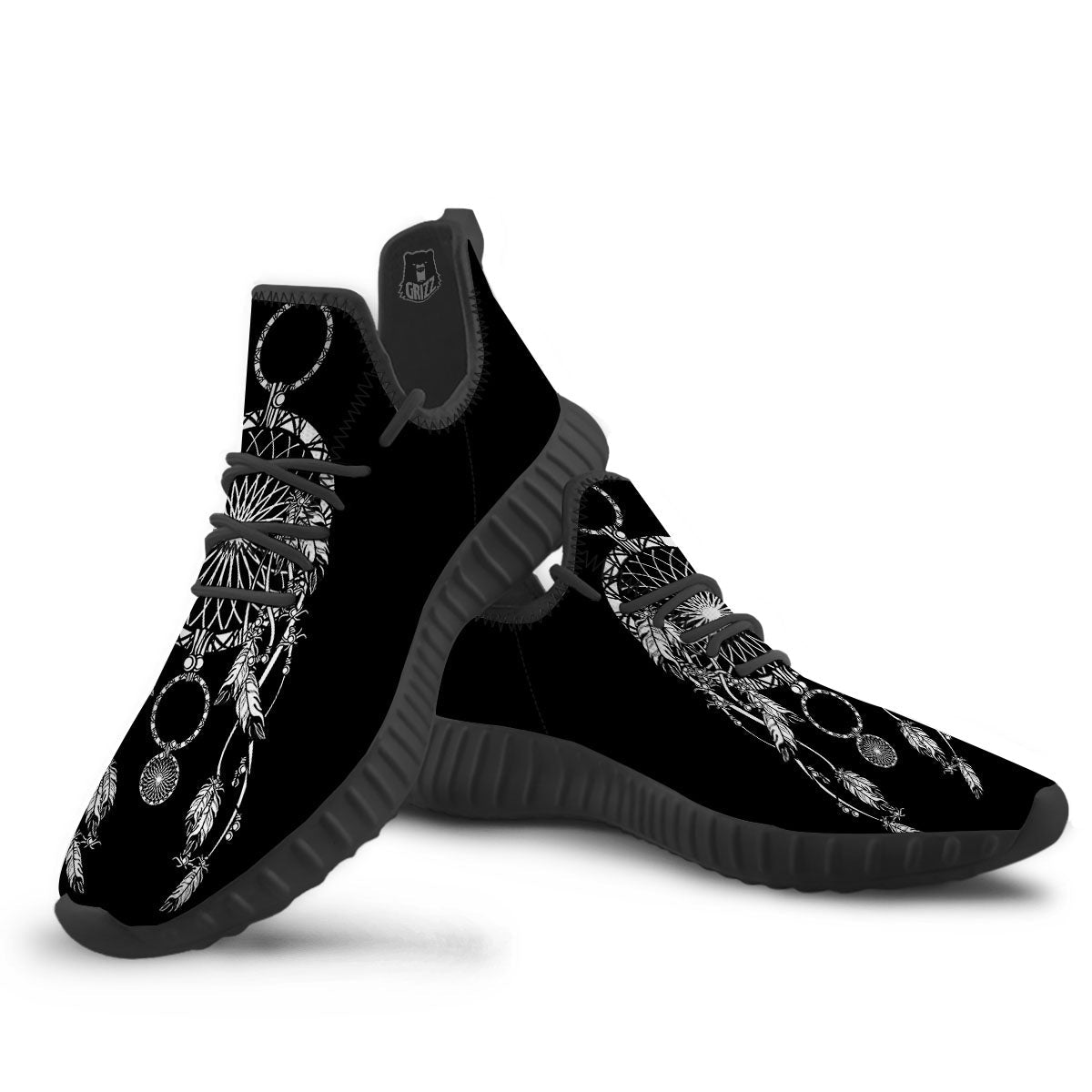 Dream Catcher White And Black Print Black Walking Shoes-grizzshop