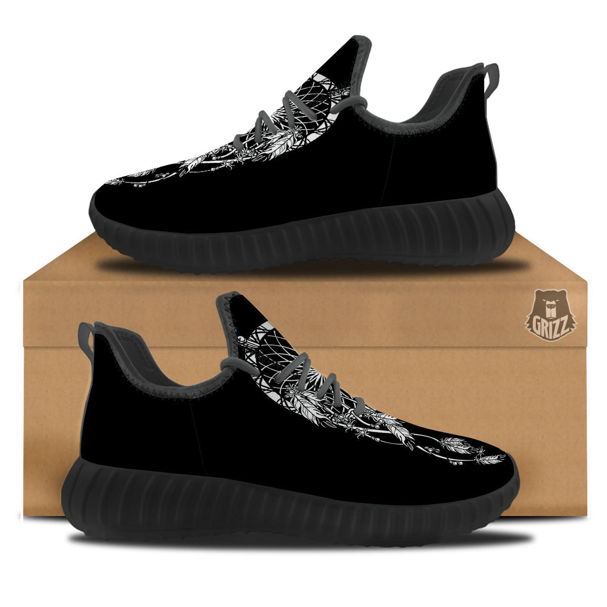 Dream Catcher White And Black Print Black Walking Shoes-grizzshop