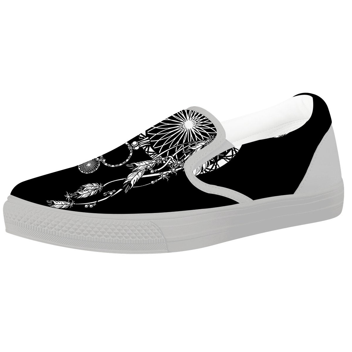 Dream Catcher White And Black Print White Slip On Shoes-grizzshop