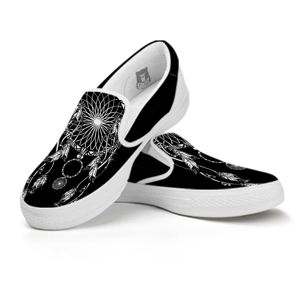 Dream Catcher White And Black Print White Slip On Shoes-grizzshop