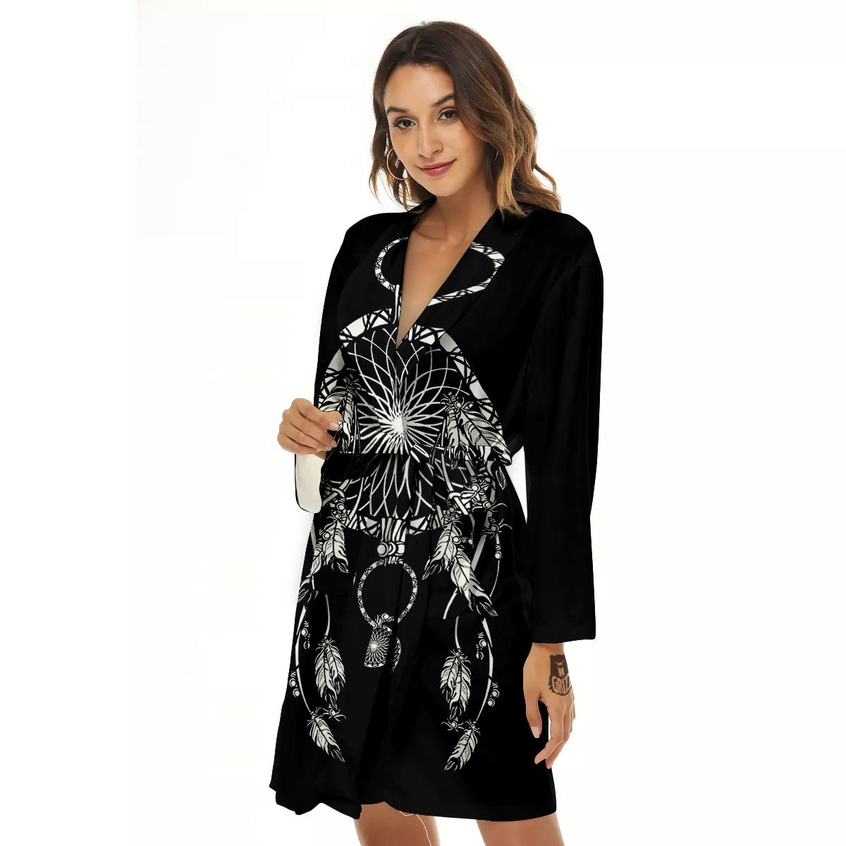 Dream Catcher White And Black Print Women's Robe-grizzshop