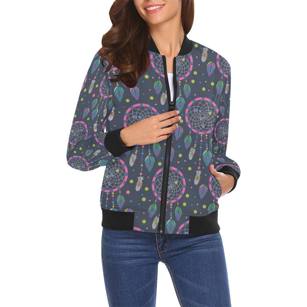 Dream Catcher Vintage Feather Pattern Print Women Casual Bomber Jacket-grizzshop