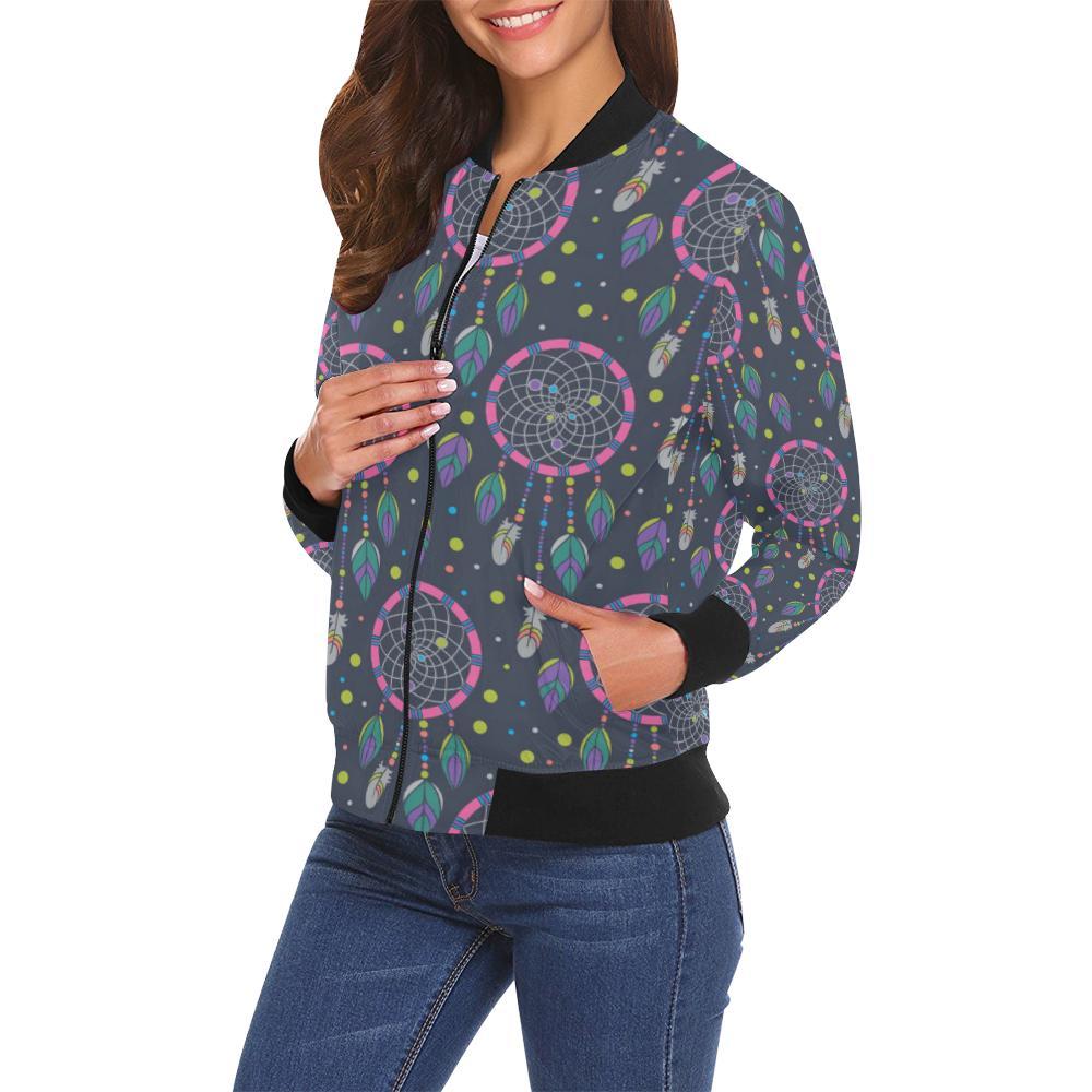 Dream Catcher Vintage Feather Pattern Print Women Casual Bomber Jacket-grizzshop