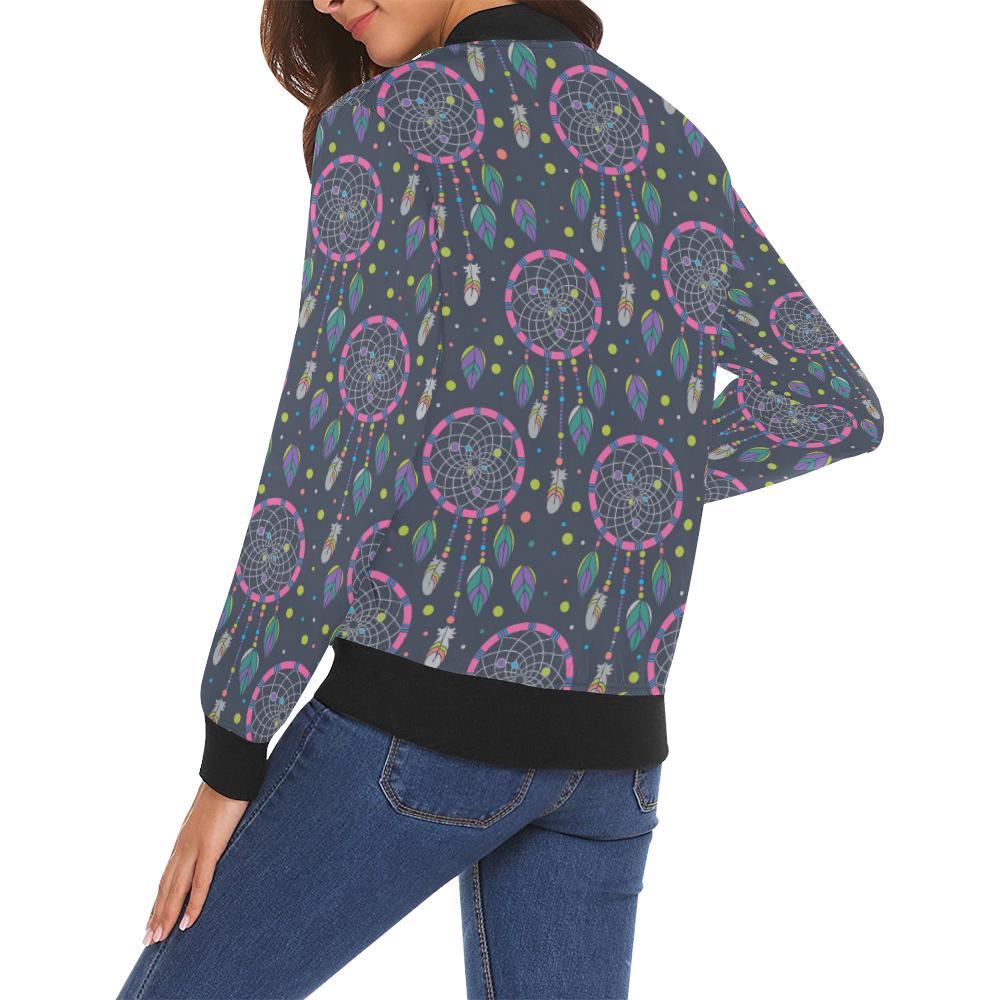 Dream Catcher Vintage Feather Pattern Print Women Casual Bomber Jacket-grizzshop