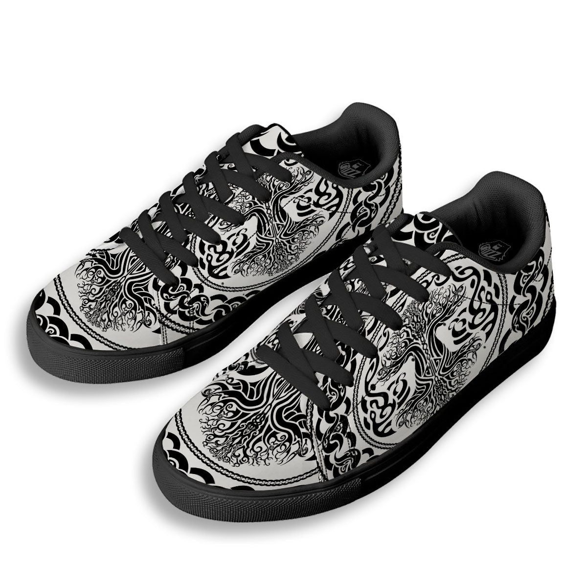 Druidic Yggdrasil Tree Print Black Low Top Sneakers-grizzshop
