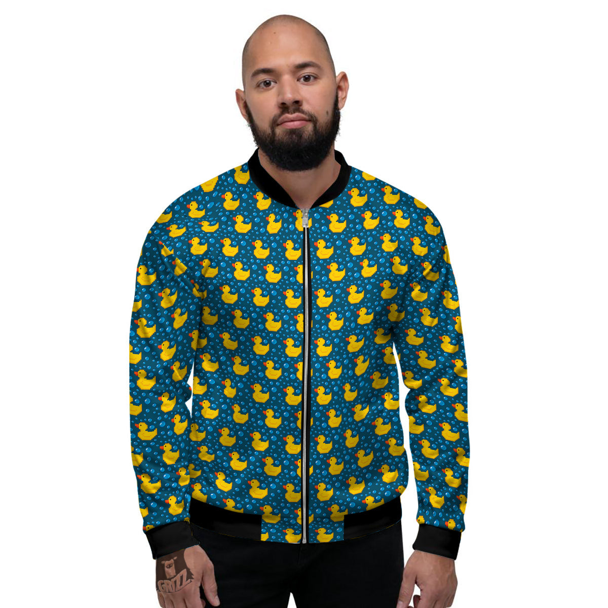 Duck 8-Bit Rubber Print Pattern Men's Bomber Jacket-grizzshop