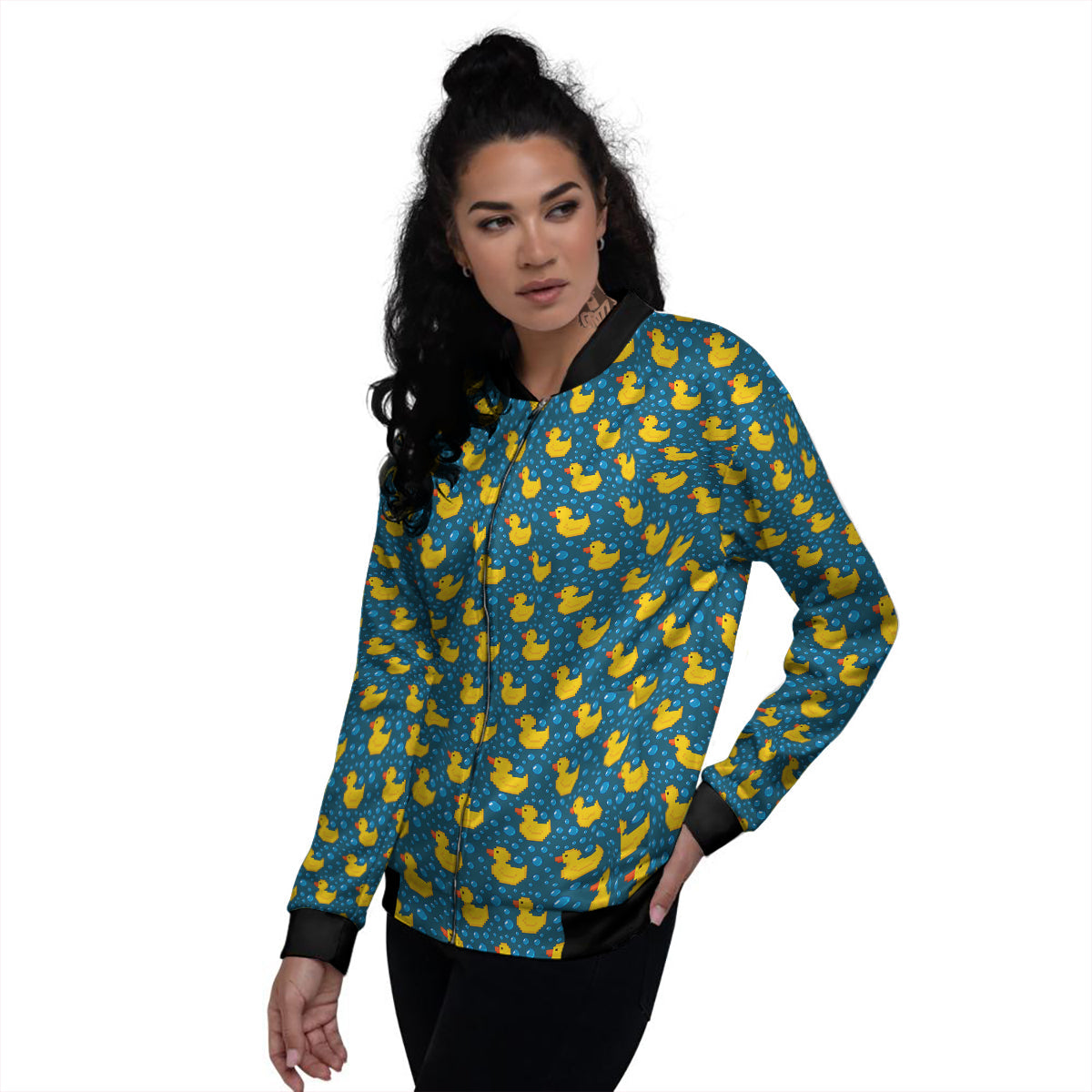 Duck 8-Bit Rubber Print Pattern Women's Bomber Jacket-grizzshop