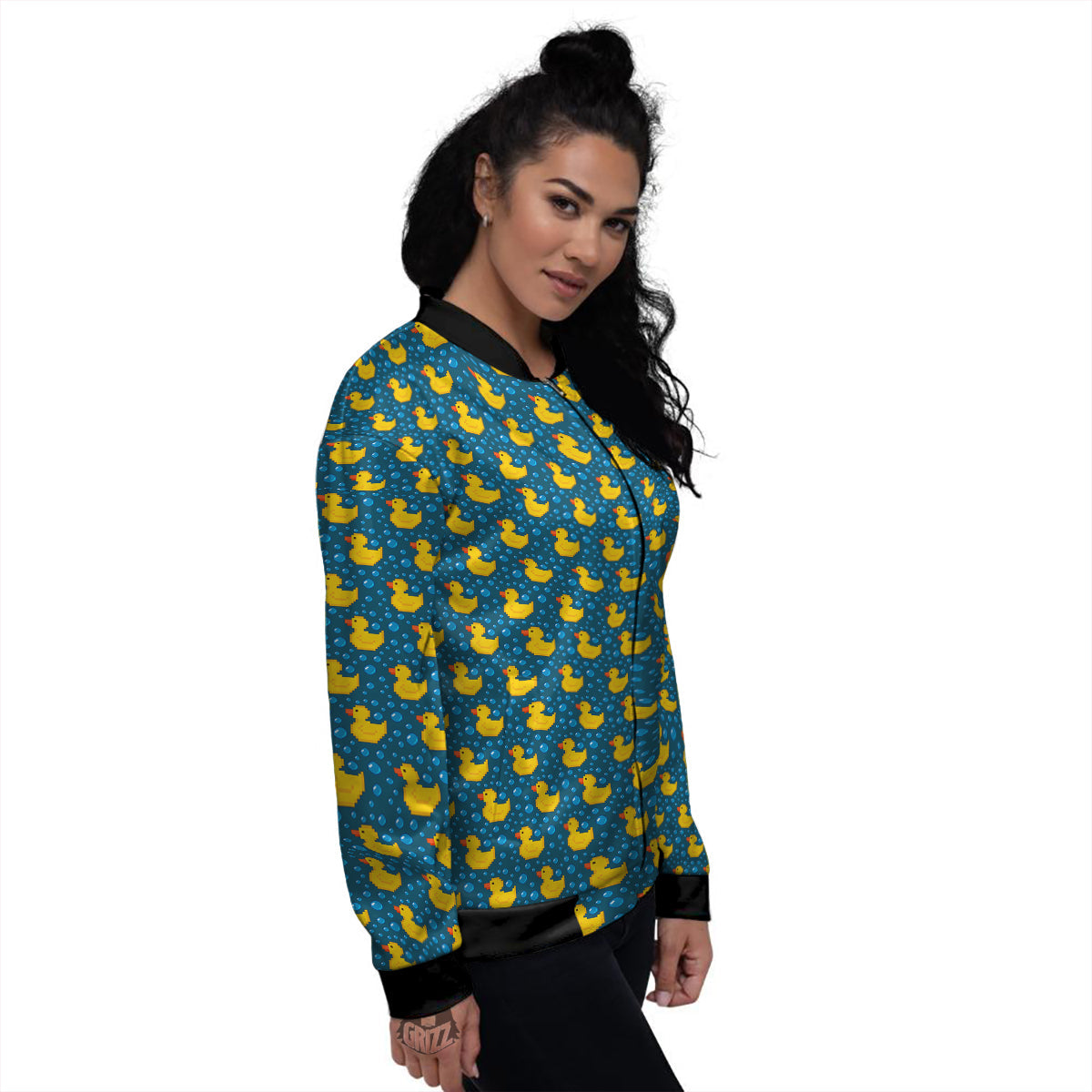 Duck 8-Bit Rubber Print Pattern Women's Bomber Jacket-grizzshop