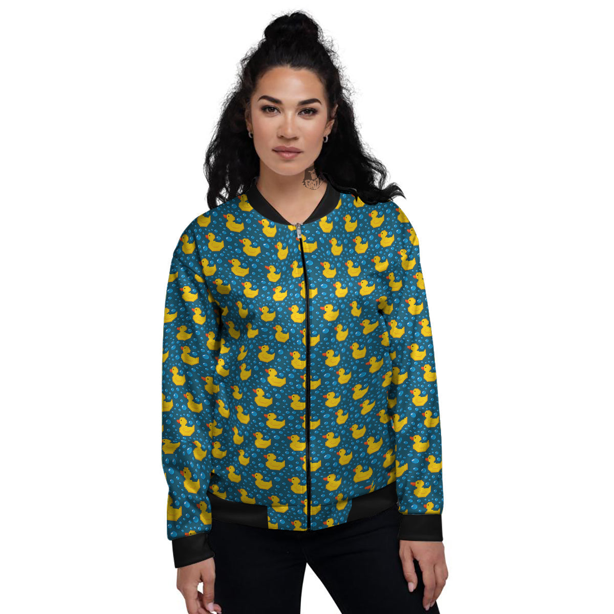 Duck 8-Bit Rubber Print Pattern Women's Bomber Jacket-grizzshop