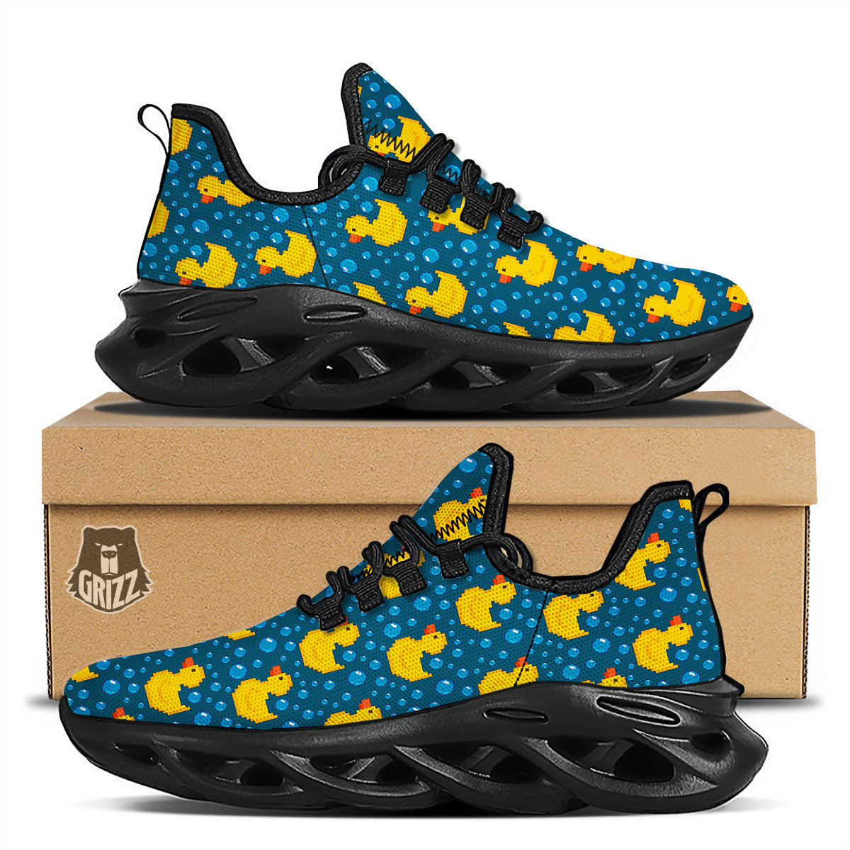 Duck Rubber Pixel Print Pattern Black Running Shoes-grizzshop