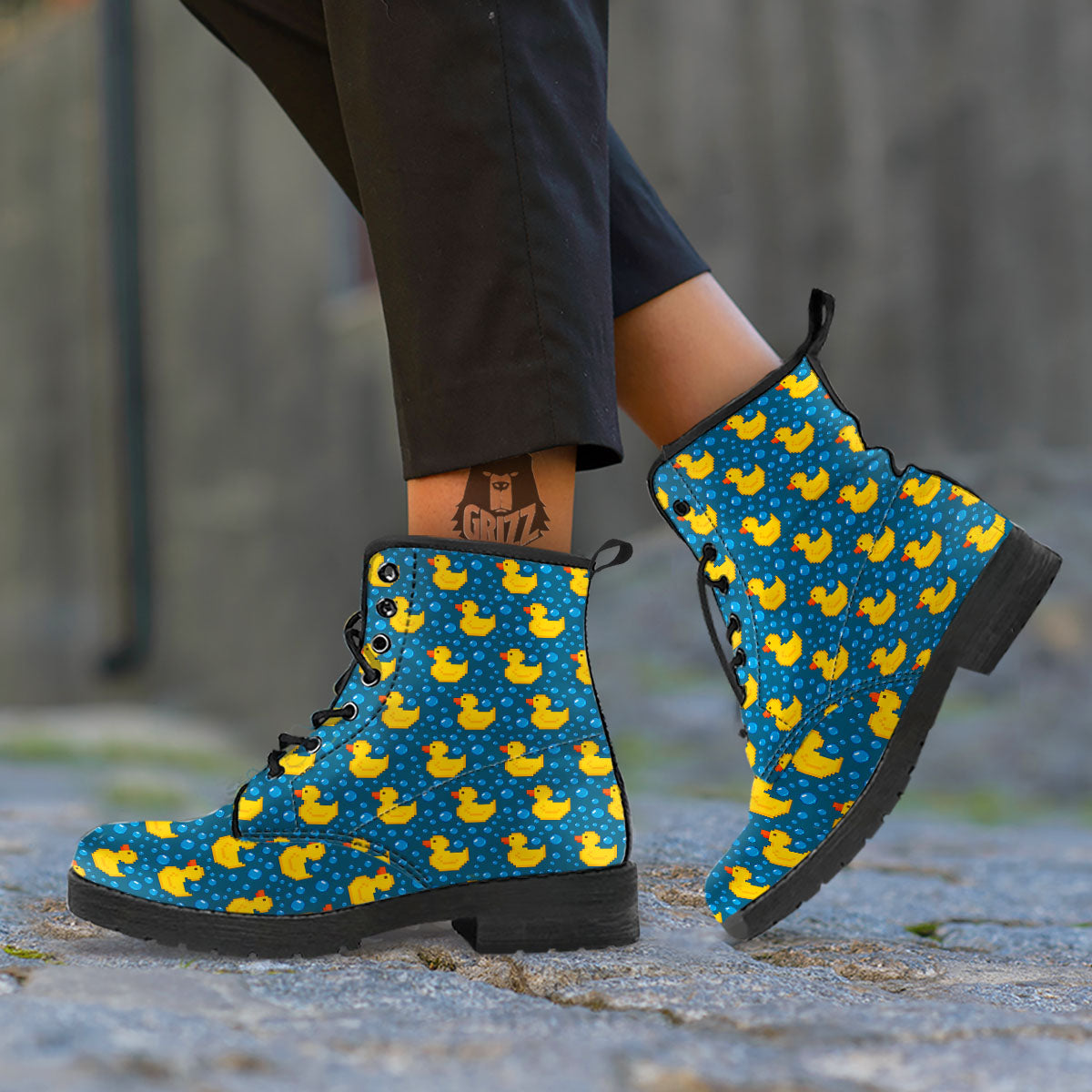 Duck Rubber Pixel Print Pattern Leather Boots-grizzshop