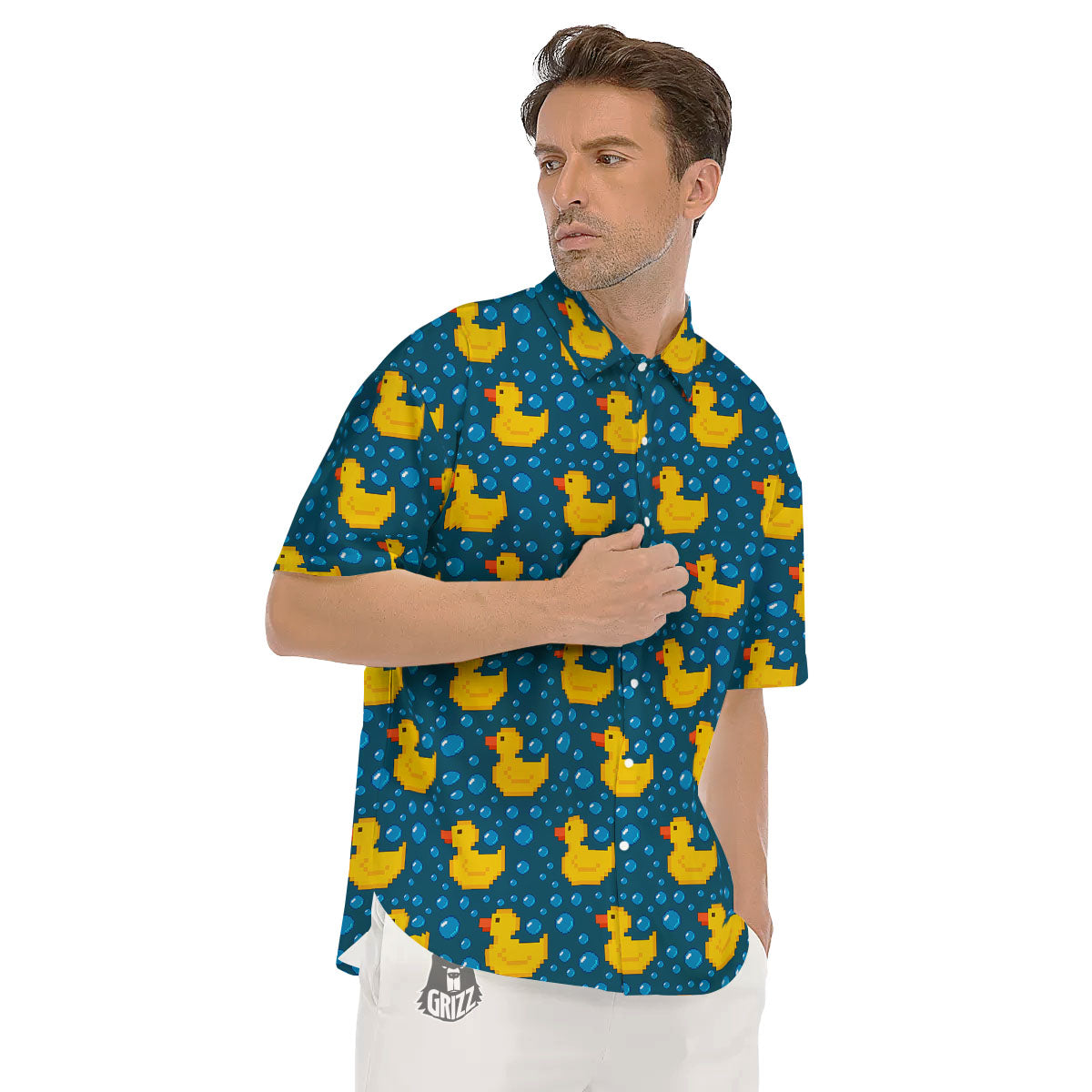 Duck Rubber Pixel Print Pattern Men's Short Sleeve Shirts-grizzshop