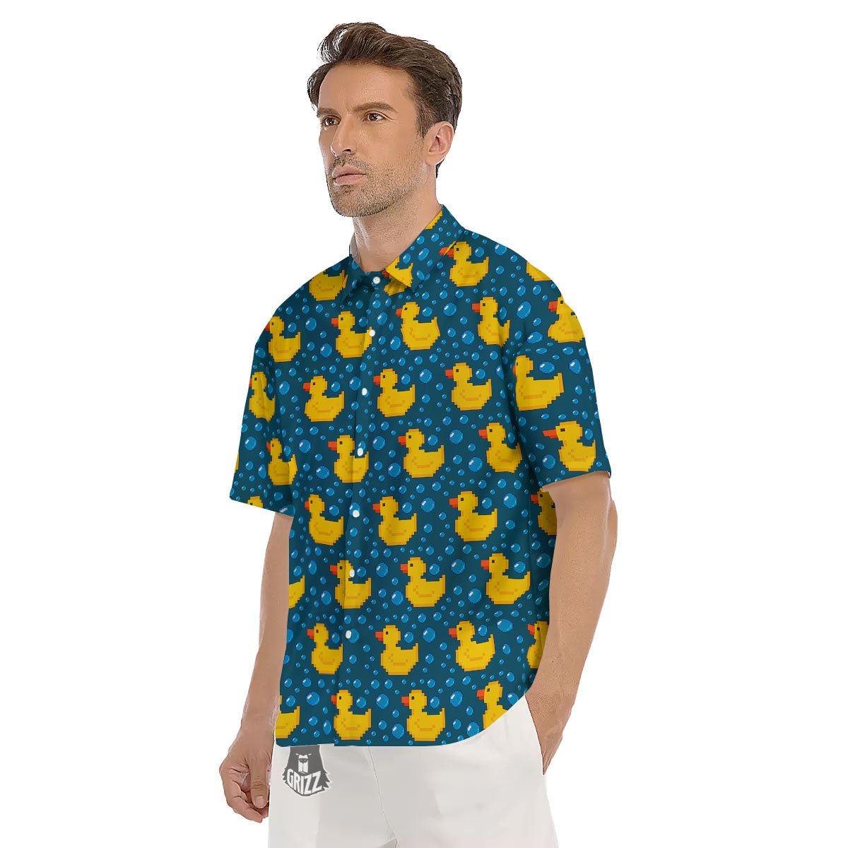 Duck Rubber Pixel Print Pattern Men's Short Sleeve Shirts-grizzshop
