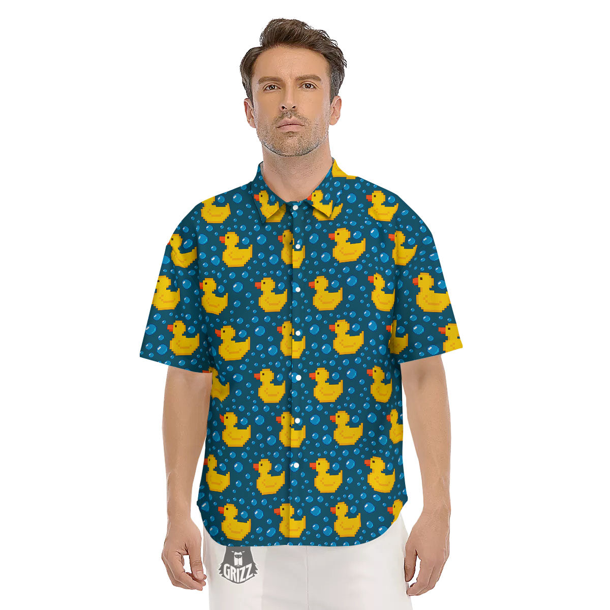 Duck Rubber Pixel Print Pattern Men's Short Sleeve Shirts-grizzshop