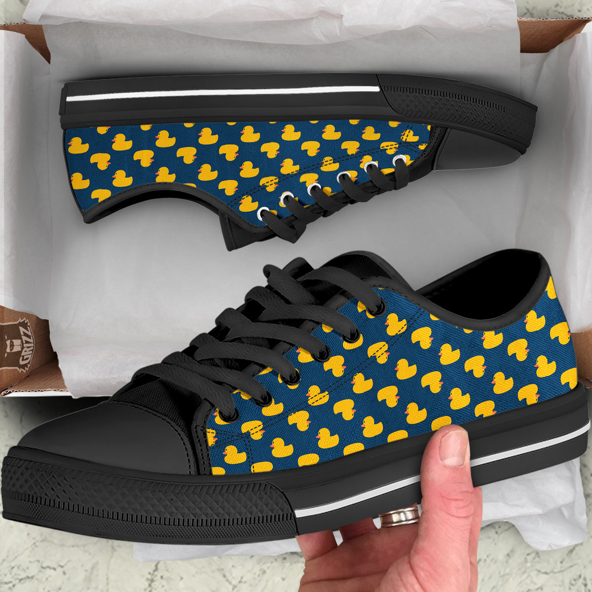Ducks Rubber Yellow Print Pattern Black Low Top Shoes-grizzshop