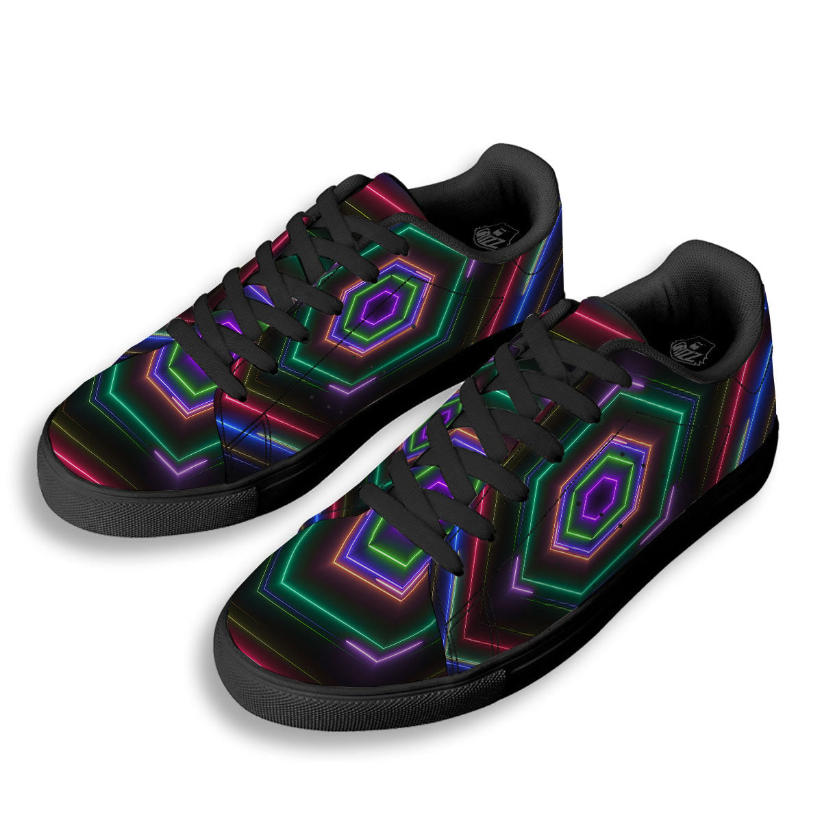 EDM Geometric Green Light Print Black Low Top Sneakers-grizzshop