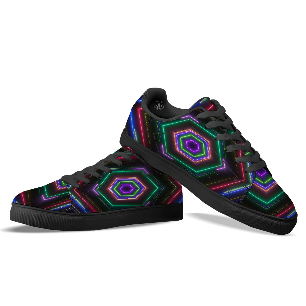 EDM Geometric Green Light Print Black Low Top Sneakers-grizzshop