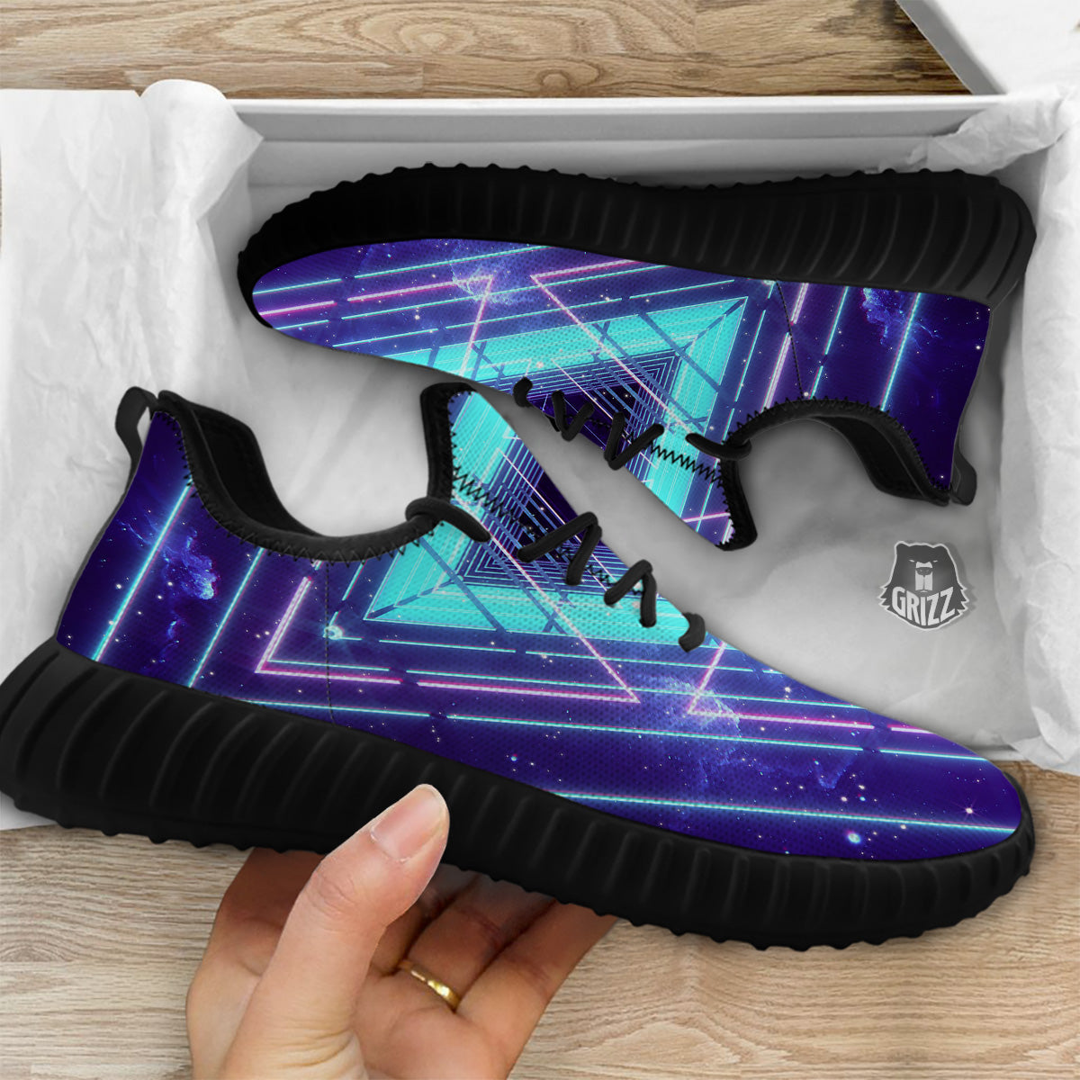 EDM Light Blue Geometric Print Black Walking Shoes-grizzshop