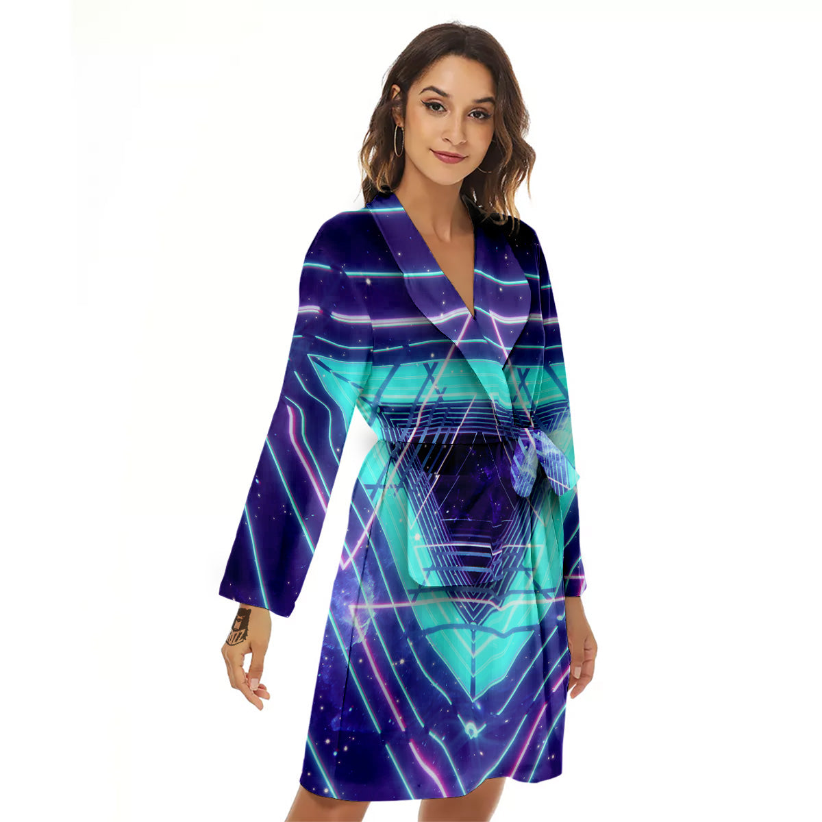 EDM Light Blue Geometric Print Women's Robe-grizzshop