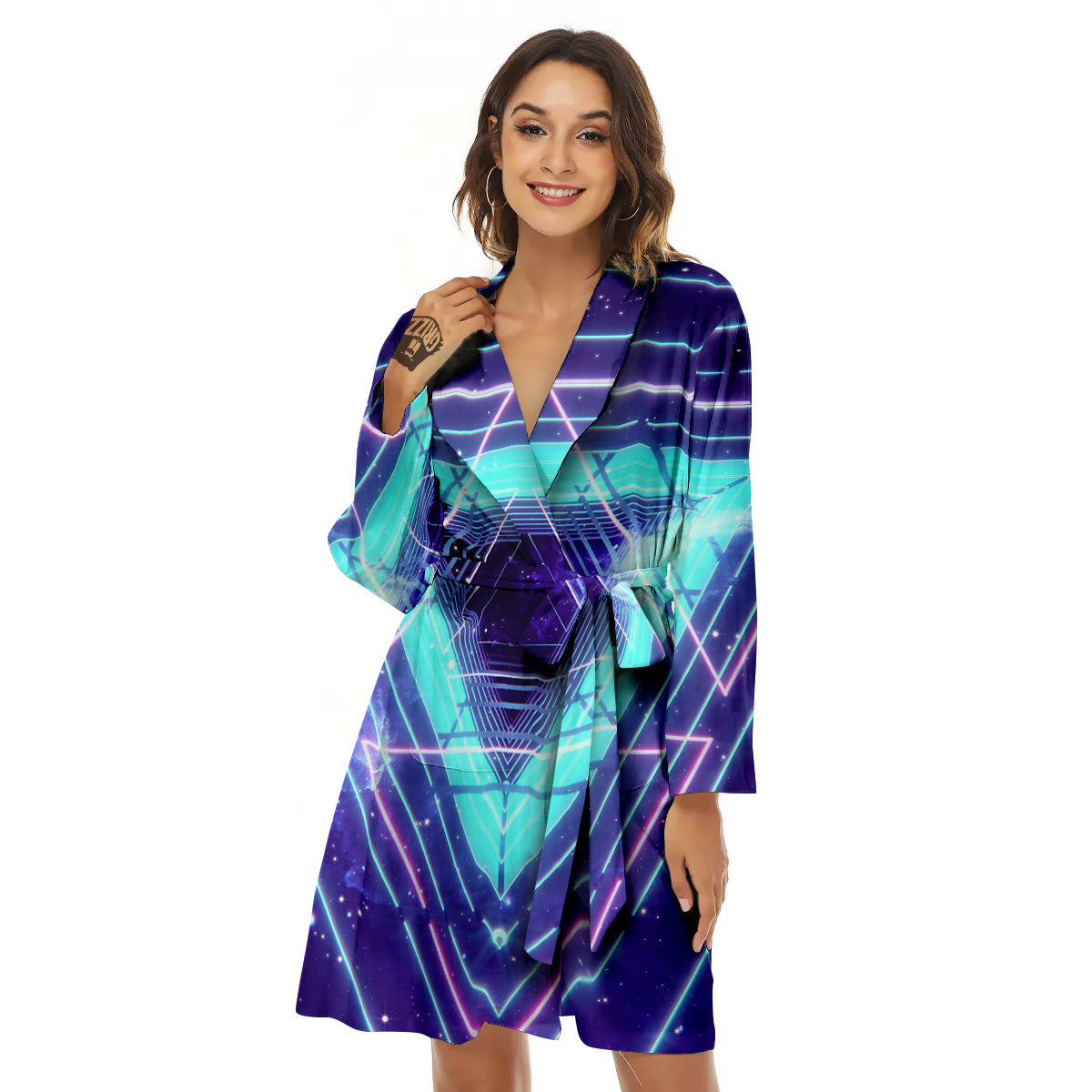EDM Light Blue Geometric Print Women's Robe-grizzshop