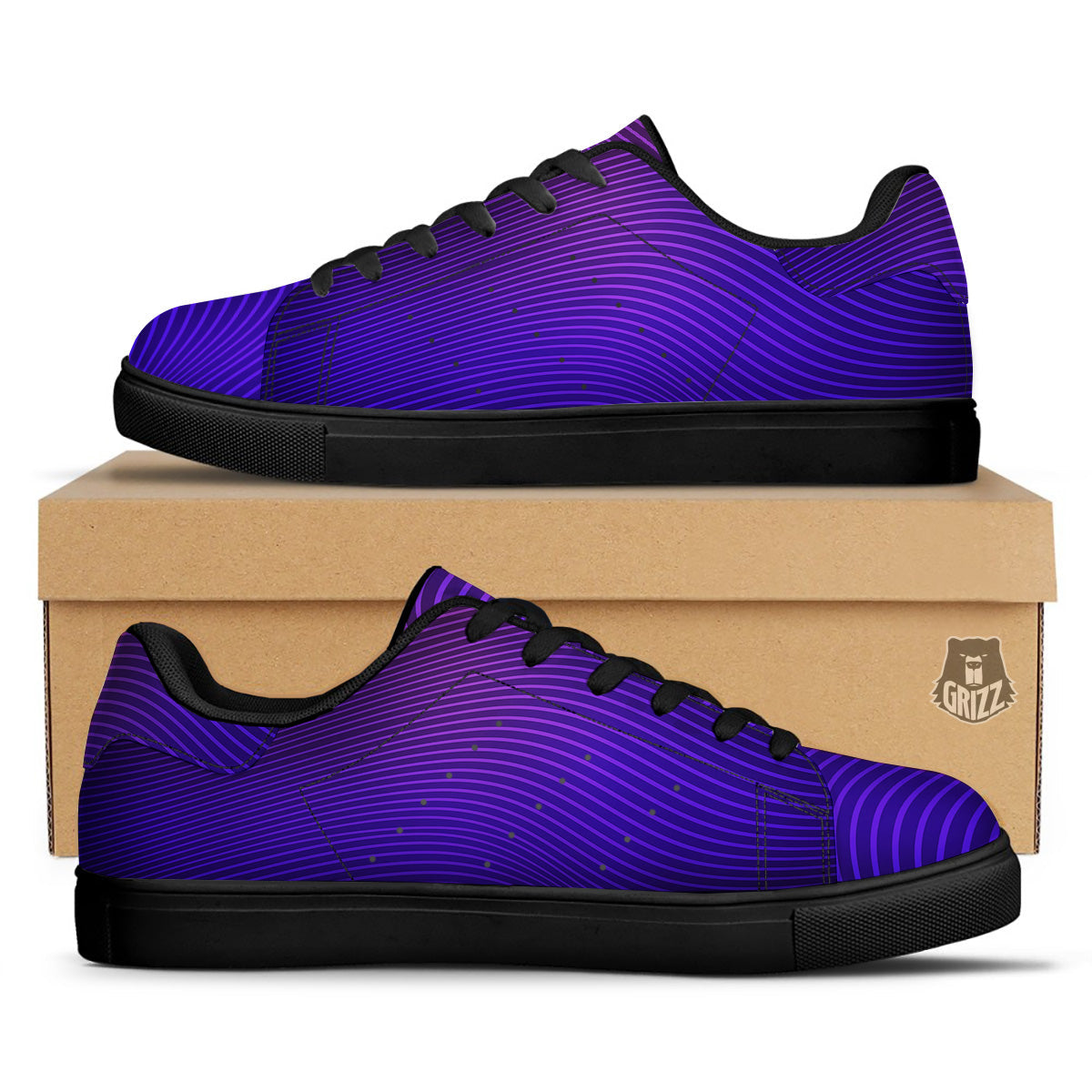 EDM Wave Purple And Blue Print Black Low Top Sneakers-grizzshop