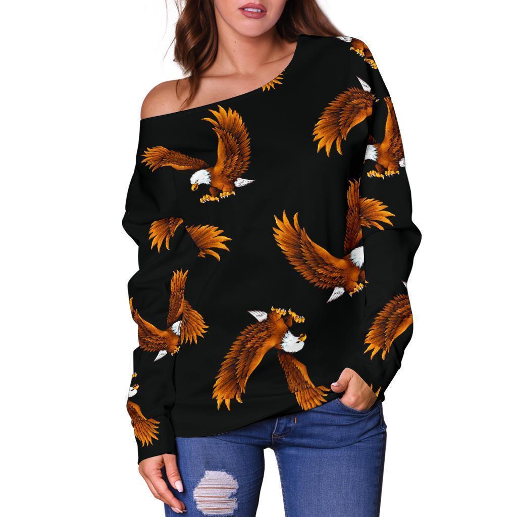 Eagle Black Pattern Print Women Off Shoulder Sweatshirt-grizzshop