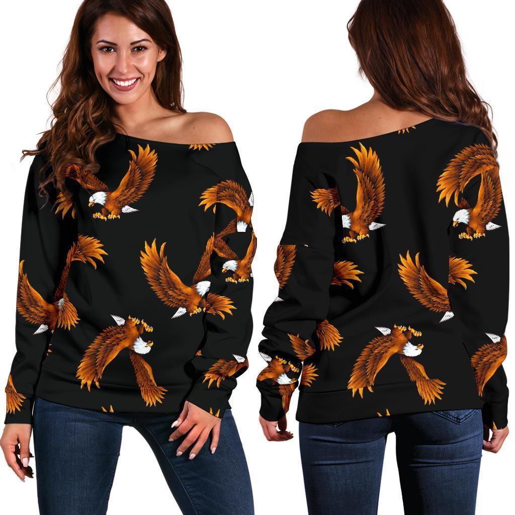 Eagle Black Pattern Print Women Off Shoulder Sweatshirt-grizzshop