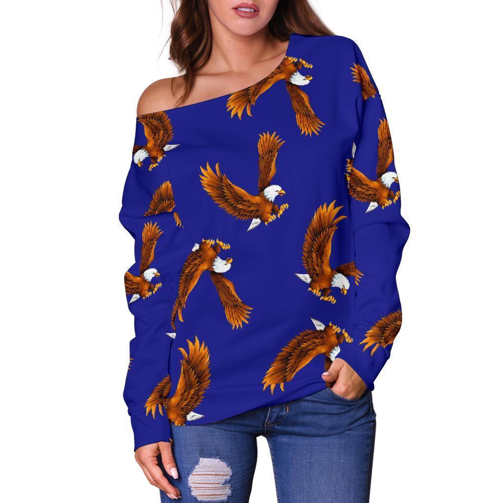 Eagle Blue Pattern Print Women Off Shoulder Sweatshirt-grizzshop