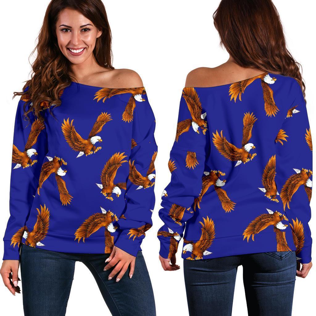 Eagle Blue Pattern Print Women Off Shoulder Sweatshirt-grizzshop