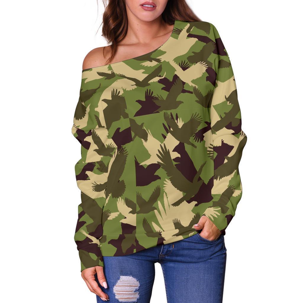 Eagle Camo Pattern Print Women Off Shoulder Sweatshirt-grizzshop